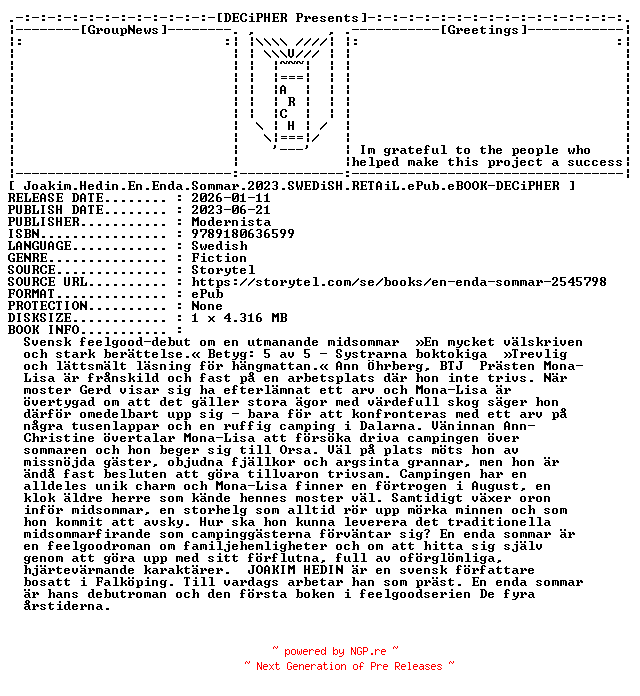 NFO for the release Joakim.Hedin.En.Enda.Sommar.2023.SWEDiSH.RETAiL.ePub.eBOOK-DECiPHER by DECiPHER