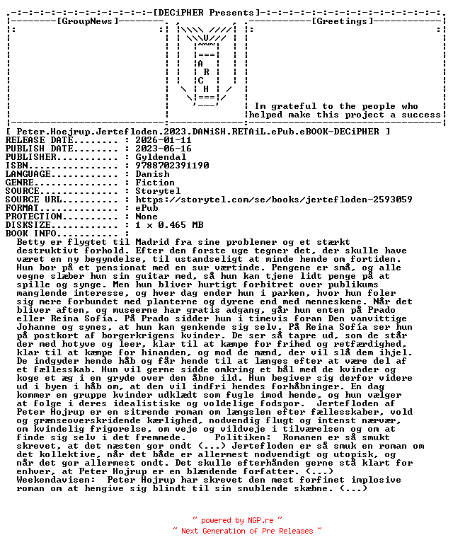 NFO for the release Peter.Hoejrup.Jertefloden.2023.DANiSH.RETAiL.ePub.eBOOK-DECiPHER by DECiPHER