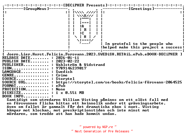 NFO for the release Joern.Lier.Horst.Felicia.Forsvann.2023.SWEDiSH.RETAiL.ePub.eBOOK-DECiPHER by DECiPHER