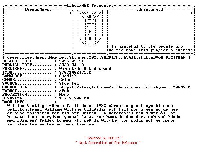 NFO for the release Joern.Lier.Horst.Nar.Det.Skymmer.2023.SWEDiSH.RETAiL.ePub.eBOOK-DECiPHER by DECiPHER