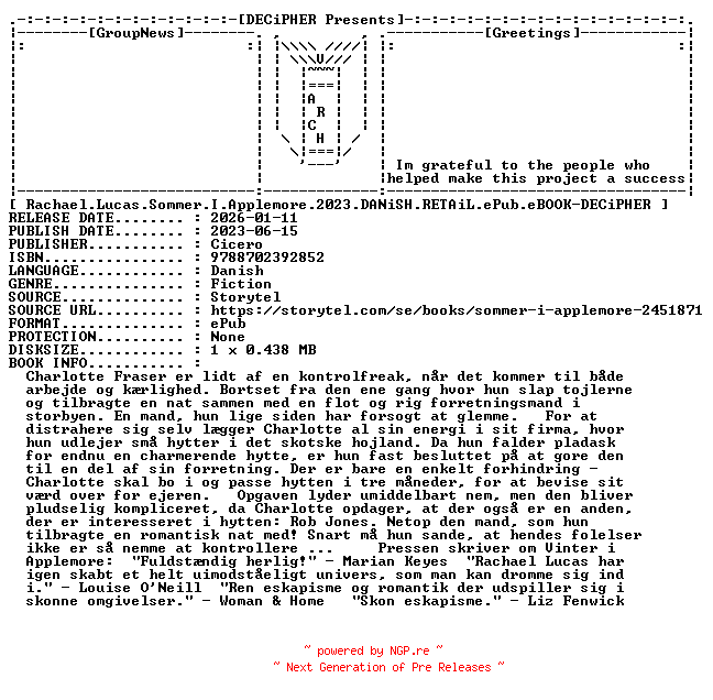 NFO for the release Rachael.Lucas.Sommer.I.Applemore.2023.DANiSH.RETAiL.ePub.eBOOK-DECiPHER by DECiPHER
