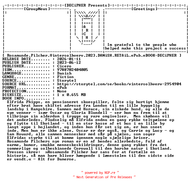 NFO for the release Rosamunde.Pilcher.Vintersolhverv.2023.DANiSH.RETAiL.ePub.eBOOK-DECiPHER by DECiPHER