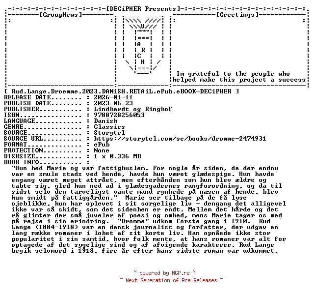 NFO for the release Rud.Lange.Droemme.2023.DANiSH.RETAiL.ePub.eBOOK-DECiPHER by DECiPHER