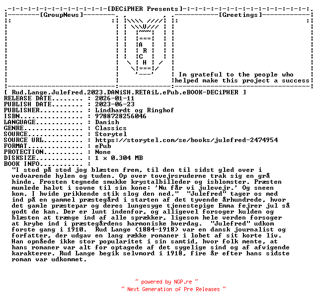 NFO for the release Rud.Lange.Julefred.2023.DANiSH.RETAiL.ePub.eBOOK-DECiPHER by DECiPHER