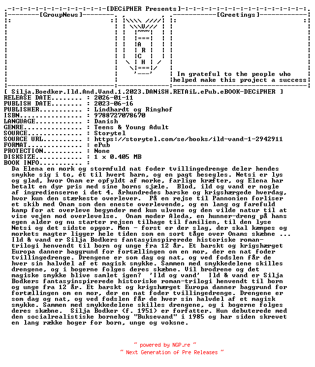NFO for the release Silja.Boedker.Ild.And.Vand.1.2023.DANiSH.RETAiL.ePub.eBOOK-DECiPHER by DECiPHER