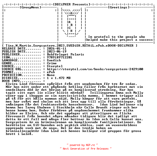 NFO for the release Tina.N.Martin.Sorgsystern.2023.SWEDiSH.RETAiL.ePub.eBOOK-DECiPHER by DECiPHER