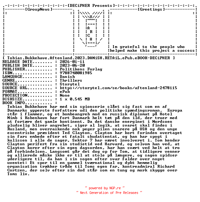 NFO for the release Tobias.Bukkehave.Aftenland.2023.DANiSH.RETAiL.ePub.eBOOK-DECiPHER by DECiPHER