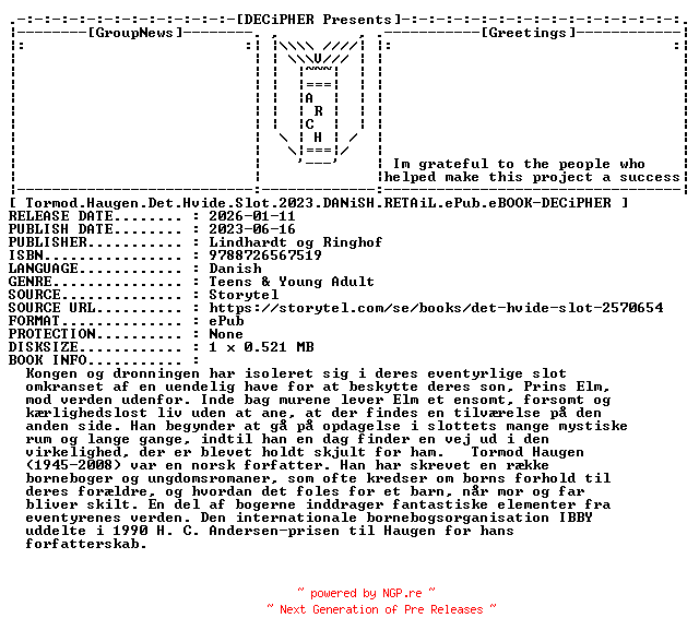 NFO for the release Tormod.Haugen.Det.Hvide.Slot.2023.DANiSH.RETAiL.ePub.eBOOK-DECiPHER by DECiPHER