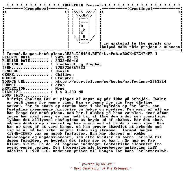 NFO for the release Tormod.Haugen.Natfuglene.2023.DANiSH.RETAiL.ePub.eBOOK-DECiPHER by DECiPHER