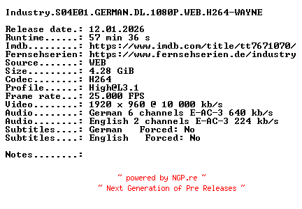 NFO for the release Industry.S04E01.GERMAN.DL.1080P.WEB.H264-WAYNE by WAYNE