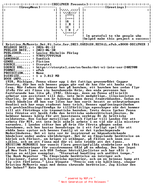 NFO for the release Kristina.McMorris.Det.Vi.Inte.Ser.2023.SWEDiSH.RETAiL.ePub.eBOOK-DECiPHER by DECiPHER