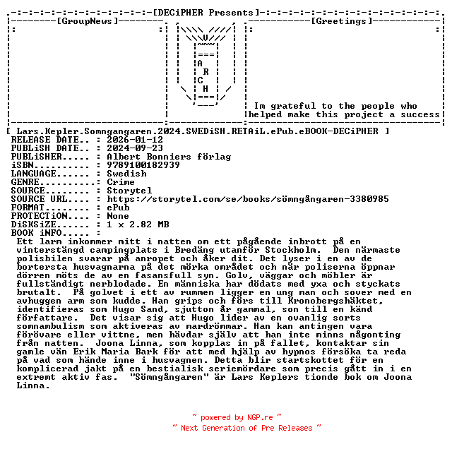 NFO for the release Lars.Kepler.Somngangaren.2024.SWEDiSH.RETAiL.ePub.eBOOK-DECiPHER by DECiPHER