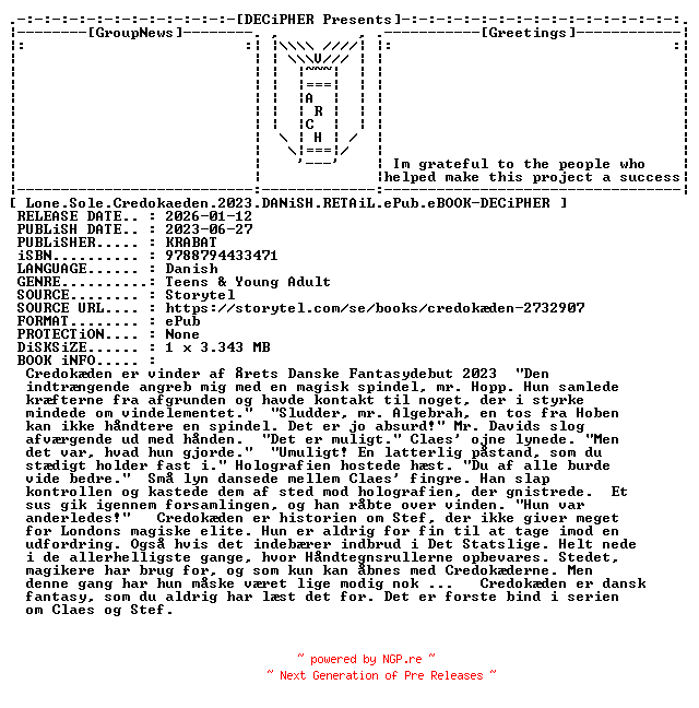 NFO for the release Lone.Sole.Credokaeden.2023.DANiSH.RETAiL.ePub.eBOOK-DECiPHER by DECiPHER