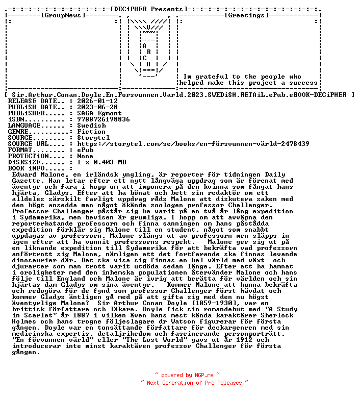 NFO for the release Sir.Arthur.Conan.Doyle.En.Forsvunnen.Varld.2023.SWEDiSH.RETAiL.ePub.eBOOK-DECiPHER by DECiPHER