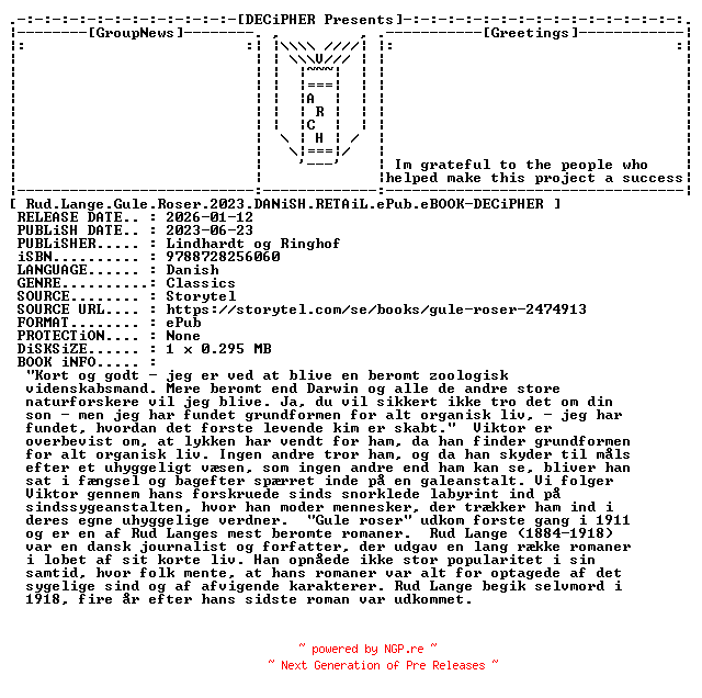 NFO for the release Rud.Lange.Gule.Roser.2023.DANiSH.RETAiL.ePub.eBOOK-DECiPHER by DECiPHER