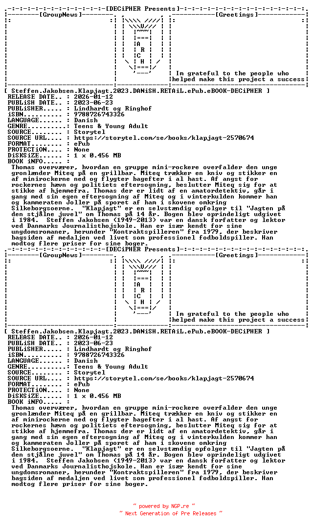 NFO for the release Steffen.Jakobsen.Klapjagt.2023.DANiSH.RETAiL.ePub.eBOOK-DECiPHER by DECiPHER