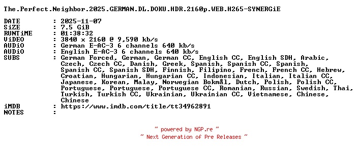 NFO for the release The.Perfect.Neighbor.2025.GERMAN.DL.DOKU.HDR.2160p.WEB.H265-SYNERGiE by SYNERGiE