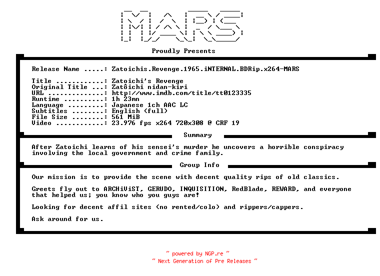 NFO for the release Zatoichis.Revenge.1965.iNTERNAL.BDRip.x264-MARS by MARS
