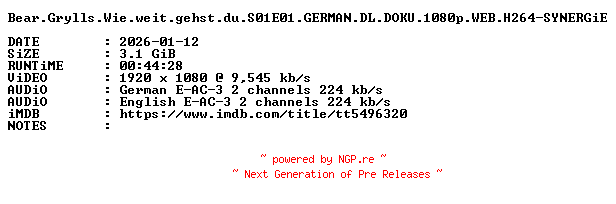 NFO for the release Bear.Grylls.Wie.weit.gehst.du.S01E01.GERMAN.DL.DOKU.1080p.WEB.H264-SYNERGiE by SYNERGiE