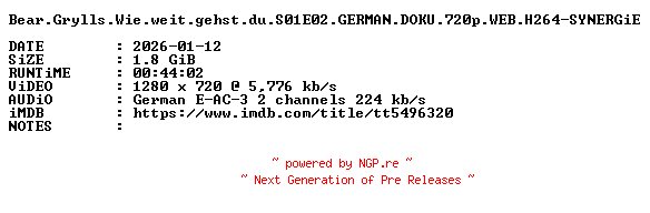 NFO for the release Bear.Grylls.Wie.weit.gehst.du.S01E02.GERMAN.DOKU.720p.WEB.H264-SYNERGiE by SYNERGiE