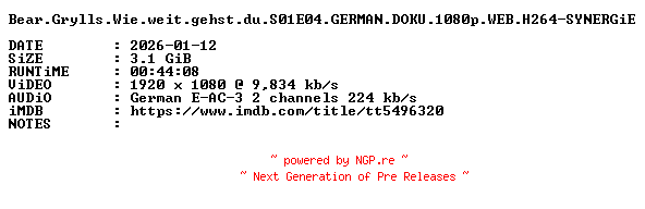 NFO for the release Bear.Grylls.Wie.weit.gehst.du.S01E04.GERMAN.DOKU.1080p.WEB.H264-SYNERGiE by SYNERGiE