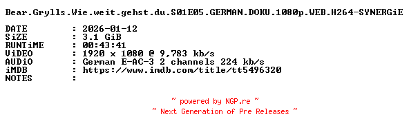 NFO for the release Bear.Grylls.Wie.weit.gehst.du.S01E05.GERMAN.DOKU.1080p.WEB.H264-SYNERGiE by SYNERGiE