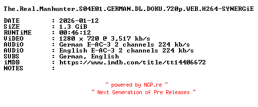 NFO for the release The.Real.Manhunter.S04E01.GERMAN.DL.DOKU.720p.WEB.H264-SYNERGiE by SYNERGiE