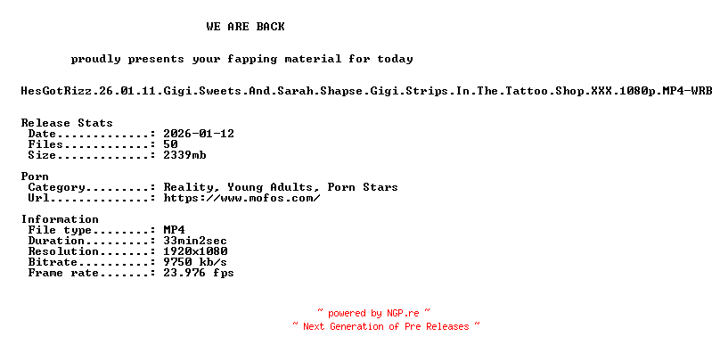 NFO for the release HesGotRizz.26.01.11.Gigi.Sweets.And.Sarah.Shapse.Gigi.Strips.In.The.Tattoo.Shop.XXX.1080p.MP4-WRB by WRB