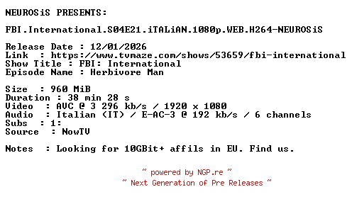 NFO for the release FBI.International.S04E21.iTALiAN.1080p.WEB.H264-NEUROSiS by NEUROSiS