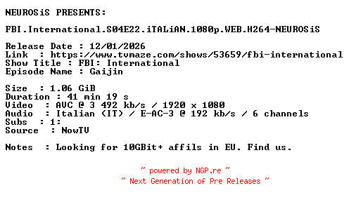 NFO for the release FBI.International.S04E22.iTALiAN.1080p.WEB.H264-NEUROSiS by NEUROSiS