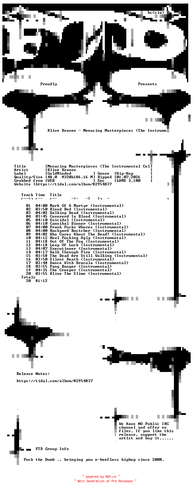 NFO for the release Klive_Kraven-Menacing_Masterpieces_(The_Instrumental_Collection)-WEB-2017-FTD by FTD