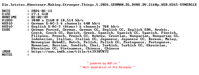 NFO for the release Ein.letztes.Abenteuer.Making.Stranger.Things.5.2026.GERMAN.DL.DOKU.DV.2160p.WEB.H265-SYNERGiE by SYNERGiE