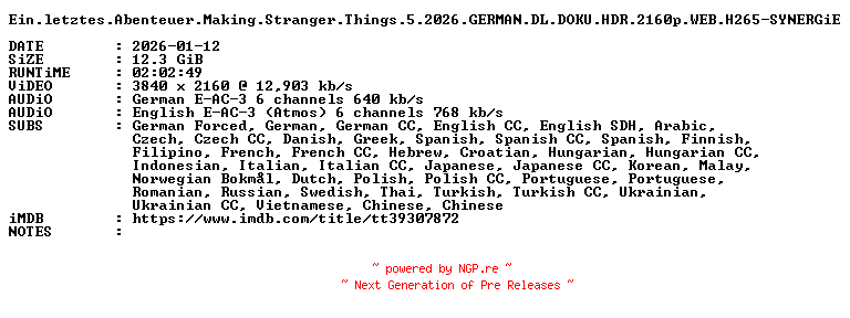 NFO for the release Ein.letztes.Abenteuer.Making.Stranger.Things.5.2026.GERMAN.DL.DOKU.HDR.2160p.WEB.H265-SYNERGiE by SYNERGiE
