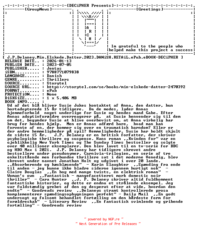 NFO for the release J.P.Delaney.Min.Elskede.Datter.2023.DANiSH.RETAiL.ePub.eBOOK-DECiPHER by DECiPHER