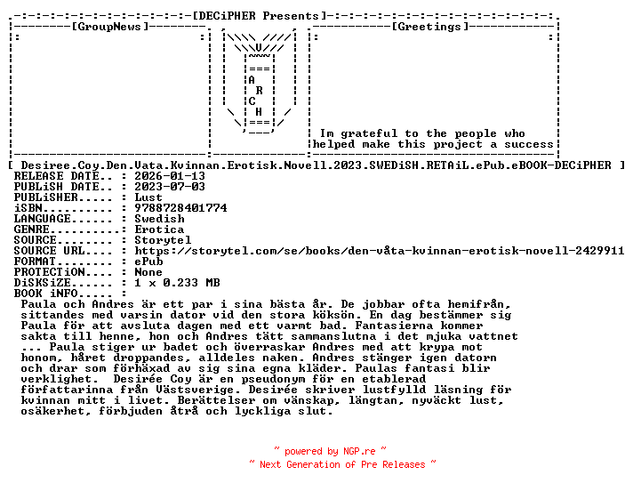 NFO for the release Desiree.Coy.Den.Vata.Kvinnan.Erotisk.Novell.2023.SWEDiSH.RETAiL.ePub.eBOOK-DECiPHER by DECiPHER