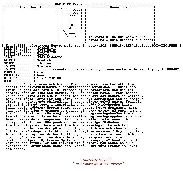NFO for the release Eva.Stilling.Systrarna.Nystroms.Begravningsbyra.2023.SWEDiSH.RETAiL.ePub.eBOOK-DECiPHER by DECiPHER