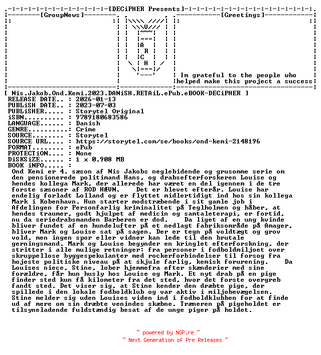 NFO for the release Nis.Jakob.Ond.Kemi.2023.DANiSH.RETAiL.ePub.eBOOK-DECiPHER by DECiPHER