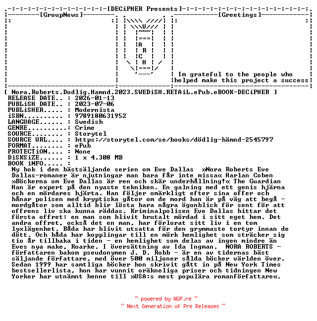 NFO for the release Nora.Roberts.Dodlig.Hamnd.2023.SWEDiSH.RETAiL.ePub.eBOOK-DECiPHER by DECiPHER