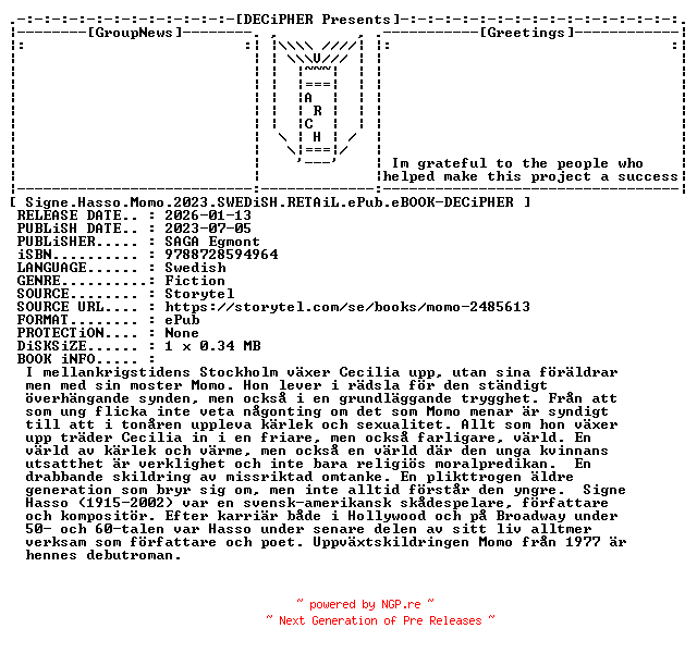 NFO for the release Signe.Hasso.Momo.2023.SWEDiSH.RETAiL.ePub.eBOOK-DECiPHER by DECiPHER