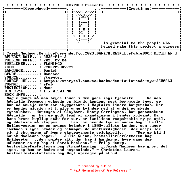 NFO for the release Sarah.MacLean.Den.Forfoerende.Tyv.2023.DANiSH.RETAiL.ePub.eBOOK-DECiPHER by DECiPHER