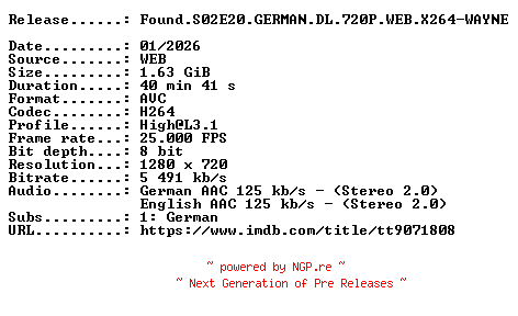 NFO for the release Found.S02E20.GERMAN.DL.720P.WEB.X264-WAYNE by WAYNE