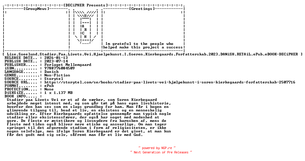 NFO for the release Lise.Soeelund.Stadier.Paa.Livets.Vei.Hjaelpekunst.I.Soeren.Kierkegaards.Forfatterskab.2023.DANiSH.RETAiL.ePub.eBOOK-DECiPHER by DECiPHER