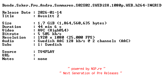 NFO for the release Bonde.Soker.Fru.Andra.Sommaren.S02E02.SWEDiSH.1080p.WEB.h264-INGRID by INGRID