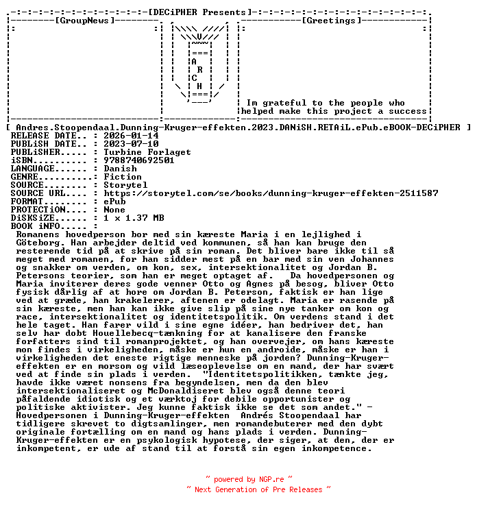 NFO for the release Andres.Stoopendaal.Dunning.Kruger.Effekten.2023.DANiSH.RETAiL.ePub.eBOOK-DECiPHER by DECiPHER