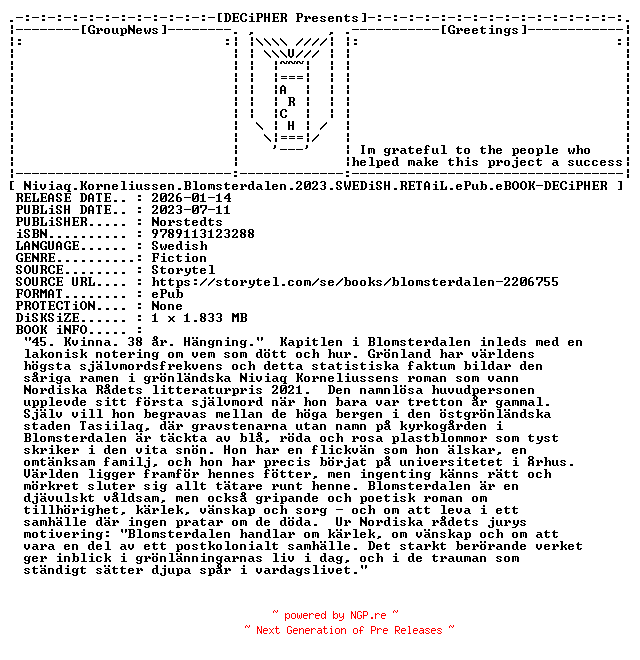 NFO for the release Niviaq.Korneliussen.Blomsterdalen.2023.SWEDiSH.RETAiL.ePub.eBOOK-DECiPHER by DECiPHER