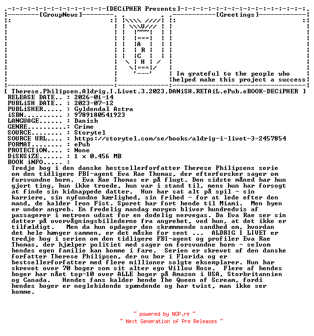 NFO for the release Therese.Philipsen.Aldrig.I.Livet.3.2023.DANiSH.RETAiL.ePub.eBOOK-DECiPHER by DECiPHER