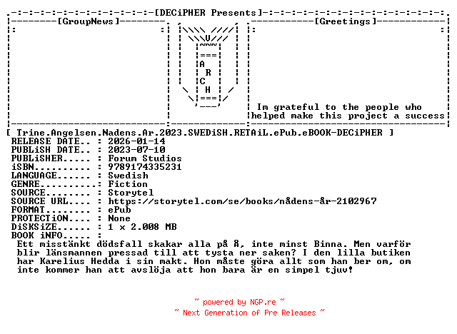 NFO for the release Trine.Angelsen.Nadens.Ar.2023.SWEDiSH.RETAiL.ePub.eBOOK-DECiPHER by DECiPHER