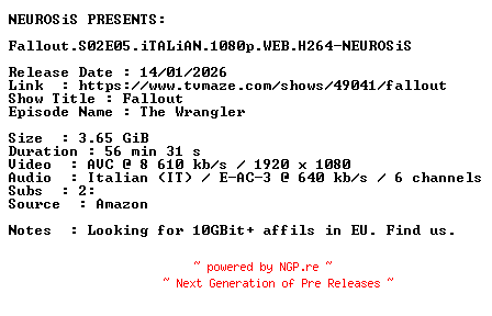 NFO for the release Fallout.S02E05.iTALiAN.1080p.WEB.H264-NEUROSiS by NEUROSiS