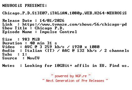 NFO for the release Chicago.P.D.S13E07.iTALiAN.1080p.WEB.H264-NEUROSiS by NEUROSiS