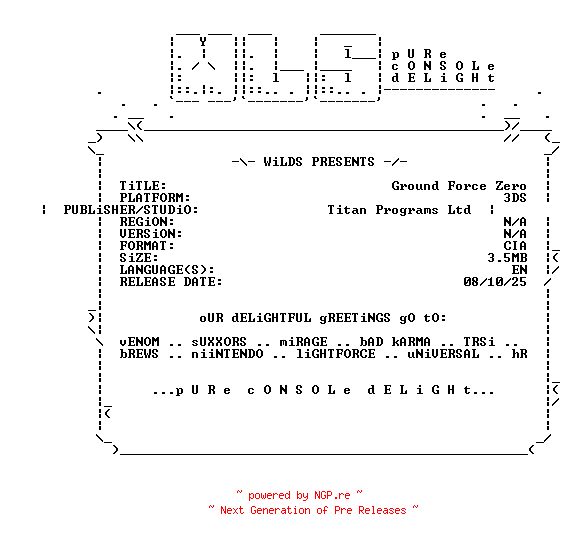NFO for the release Ground_Force_Zero_3DS-WLS by WLS